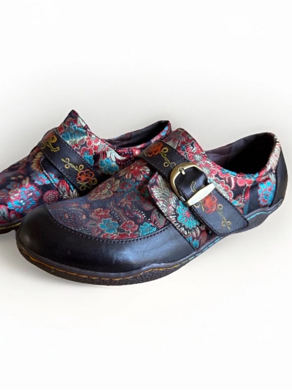 Socofy Women Artsy Leather Flat Shoes Multicolor Floral Boho Chic Hippie US 11